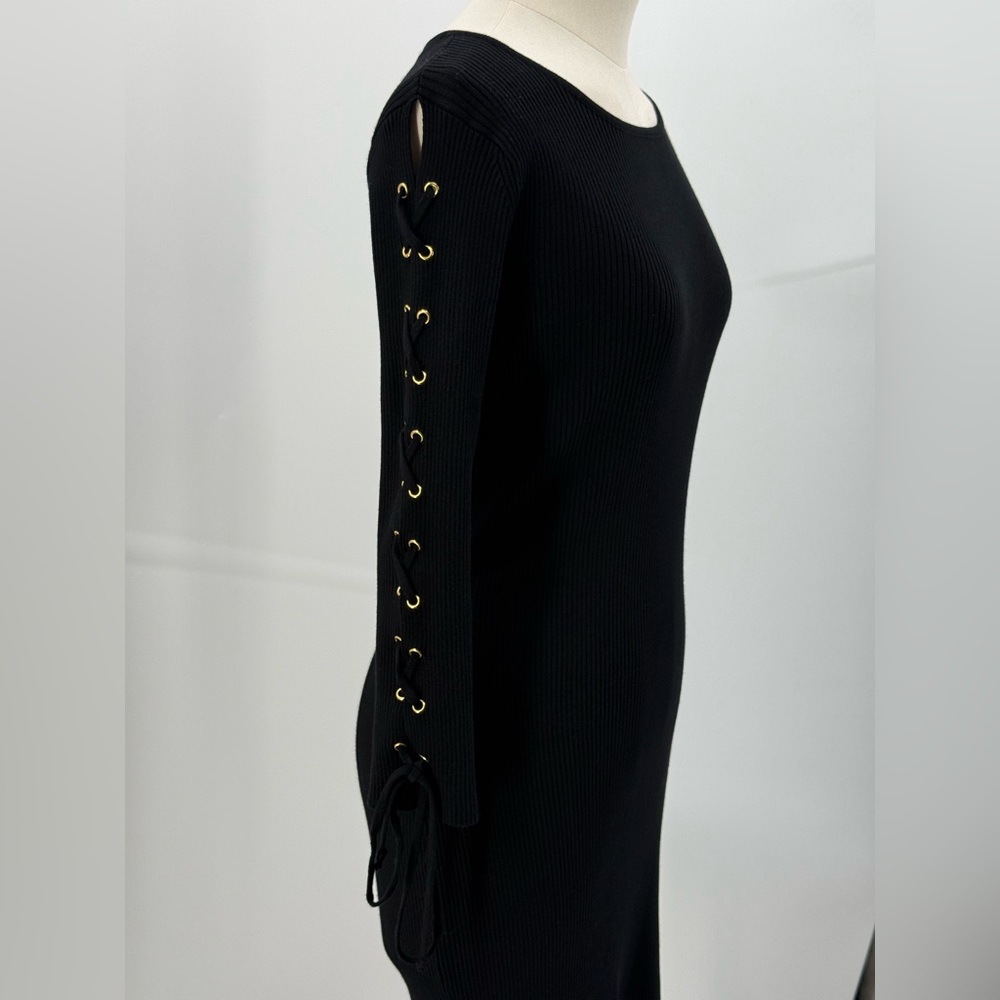 Nina Leonard Black Ribbed Knit Bodycon Long Sleeve Lace-Up Detail Sweater Dress - Picture 5 of 14